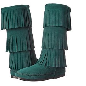 Minnetonka Green Suede Fringe Boots